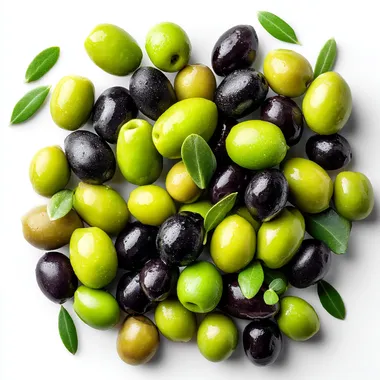 A few olives of different colors, black and green olives with leaves on a white background, high resolution, product photography style, hyper-realistic, studio lighting, high detail, high contrast, professional color grading, isolated in the middle of the picture, white background.   --raw rofile wum6g77