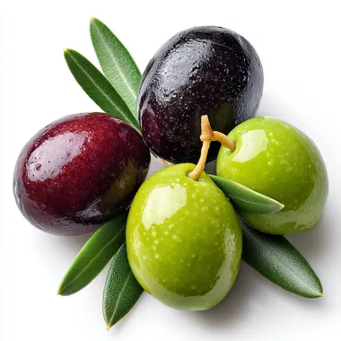 A few olives of different colors, black and green olives with leaves on a white background, high resolution, product photography style, hyper-realistic, studio lighting, high detail, high contrast, professional color grading, isolated in the middle of the picture, white background.   --raw rofile wum6g77