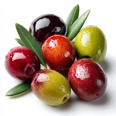 A few olives of different colors, black and green olives with leaves on a white background, high resolution, product photography style, hyper-realistic, studio lighting, high detail, high contrast, professional color grading, isolated in the middle of the picture, white background.   --raw rofile wum6g77