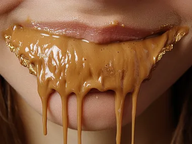 Editorial art print of gold paint dripping out of a womens mouth