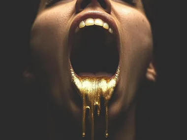 Editorial art print of gold paint dripping out of a womens mouth