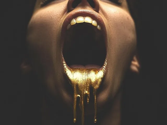 Woman in chaos with gold paint dripping from her mouth, art print