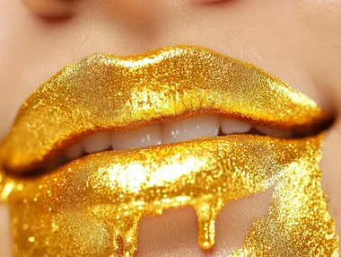 Editorial art print of gold paint dripping out of a womens mouth