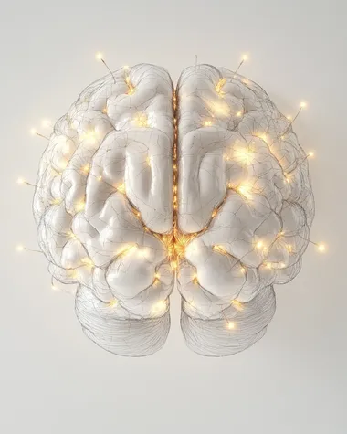 3d schematic of a human brain with taupe glowing neurons, pure white background direct view