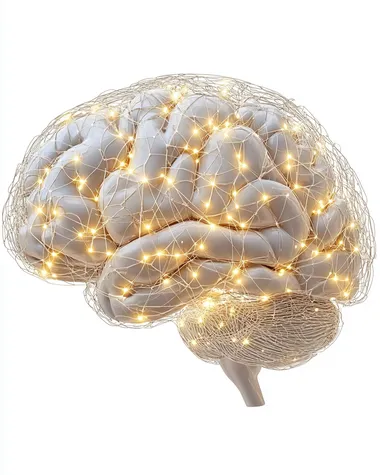 3d schematic of a human brain with taupe glowing neurons, pure white background direct view