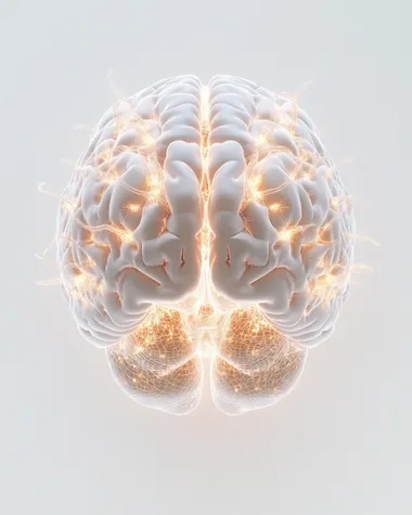 3d schematic of a human brain with taupe glowing neurons, pure white background direct view