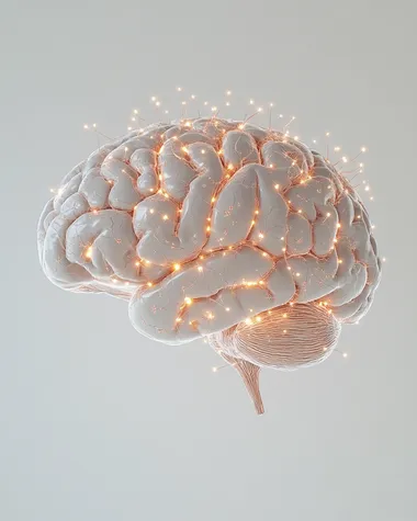 3d schematic of a human brain with taupe glowing neurons, pure white background direct view