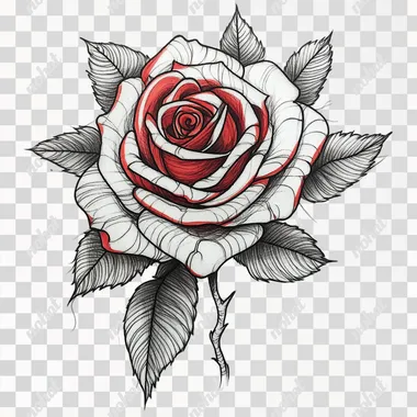 old school tattoo, rose, black line style with some red color, in the white background