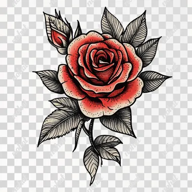 old school tattoo, rose, black line style with some red color, in the white background