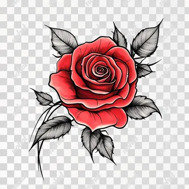 old school tattoo, rose, black line style with some red color, in the white background