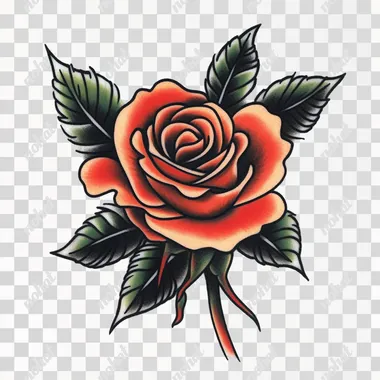 old school tattoo, rose, black line style with some red color, in the white background