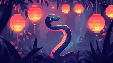 chinese new year poster with Snake zodiac sign, chinese lanterns and copy space for text greetings, flat art style,