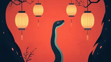 chinese new year poster with Snake zodiac sign, chinese lanterns and copy space for text greetings, flat art style,