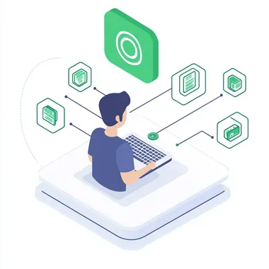 An isometric illustration of an user, a simple green symbol on top indicating it's open to outside connections, white background, vector graphic design, simple, modern, clean lines, high resolution, professional quality, flat style, professional, detailed, vector graphics, simple shapes, minimalistic design. White background. Isolated on white background. Vector art. Isolated object. Flat Design, Vector Artwork. Minimalist line drawing. Clean edges. High contrast. Flat colors.