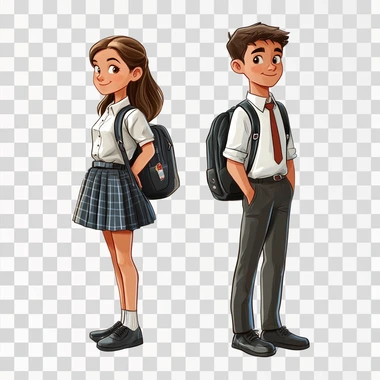 Draw a realistic enough modern boy and a schoolboy girl in school uniform with backpacks on a white background