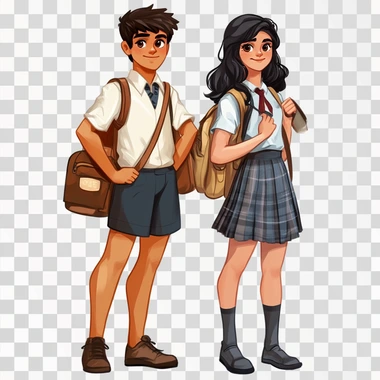 Draw a realistic enough modern boy and a schoolboy girl in school uniform with backpacks on a white background