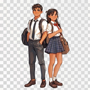 Draw a realistic enough modern boy and a schoolboy girl in school uniform with backpacks on a white background