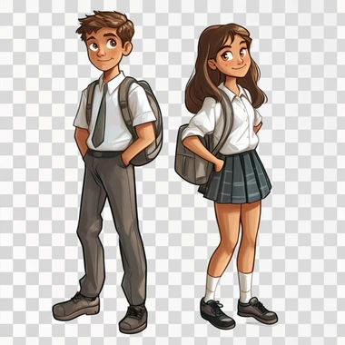 Draw a realistic enough modern boy and a schoolboy girl in school uniform with backpacks on a white background