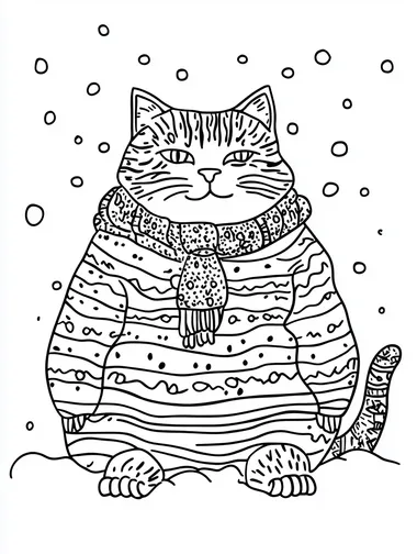 minimal clean b&w coloring book vector of a Fat cat in funny outfits in snow. Designs should be cheerful, engaging, and easy for kids aged 4-10 to color."