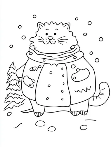 minimal clean b&w coloring book vector of a Fat cat in funny outfits in snow. Designs should be cheerful, engaging, and easy for kids aged 4-10 to color."