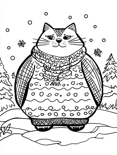 minimal clean b&w coloring book vector of a Fat cat in funny outfits in snow. Designs should be cheerful, engaging, and easy for kids aged 4-10 to color."