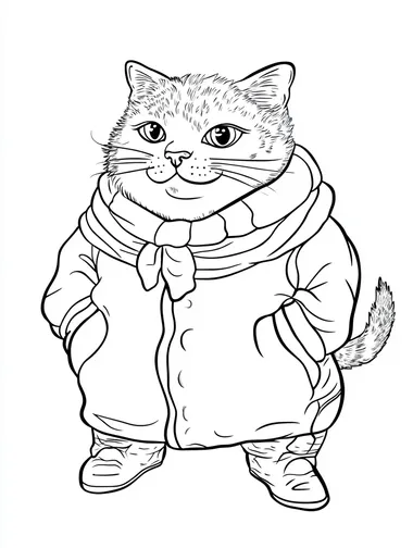 minimal clean b&w coloring book vector of a Fat cat in funny outfits in snow. Designs should be cheerful, engaging, and easy for kids aged 4-10 to color."