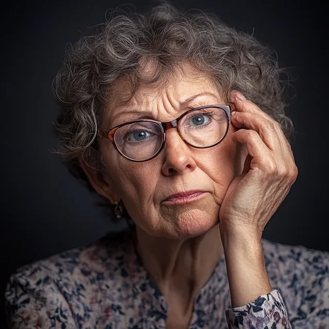an older woman with glasses is looking at the camera