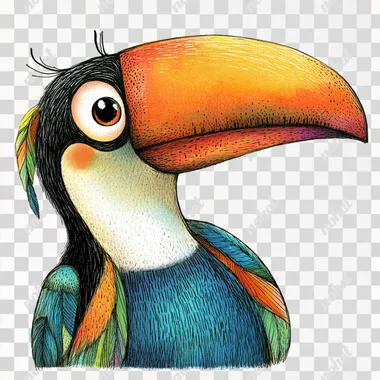 A cute toucan, illustrated in a hand-drawn style that resembles Kate Hadfield's designs, as if made on an iPad. The toucan should be colorful and full of soft shading, with a friendly and playful expression. Designed to be perfect for children, the illustration should use bright, engaging colors and whimsical details to capture the attention of young audiences. White background, the tucan must laugh and has to be very happy, the beak must be in different bright colors.