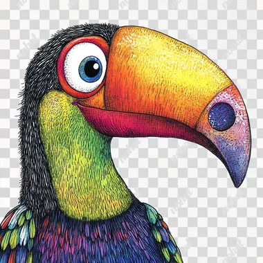 A cute toucan, illustrated in a hand-drawn style that resembles Kate Hadfield's designs, as if made on an iPad. The toucan should be colorful and full of soft shading, with a friendly and playful expression. Designed to be perfect for children, the illustration should use bright, engaging colors and whimsical details to capture the attention of young audiences. White background, the tucan must laugh and has to be very happy, the beak must be in different bright colors.
