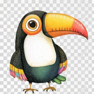 A cute toucan, illustrated in a hand-drawn style that resembles Kate Hadfield's designs, as if made on an iPad. The toucan should be colorful and full of soft shading, with a friendly and playful expression. Designed to be perfect for children, the illustration should use bright, engaging colors and whimsical details to capture the attention of young audiences. White background, the tucan must laugh and has to be very happy, the beak must be in different bright colors.
