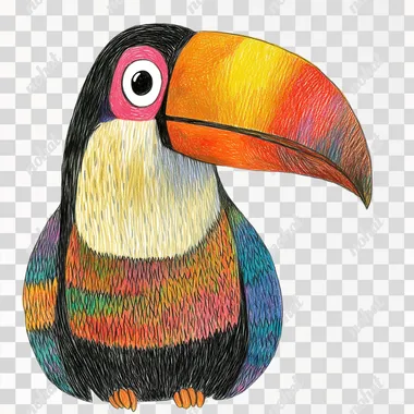 A cute toucan, illustrated in a hand-drawn style that resembles Kate Hadfield's designs, as if made on an iPad. The toucan should be colorful and full of soft shading, with a friendly and playful expression. Designed to be perfect for children, the illustration should use bright, engaging colors and whimsical details to capture the attention of young audiences. White background, the tucan must laugh and has to be very happy, the beak must be in different bright colors.