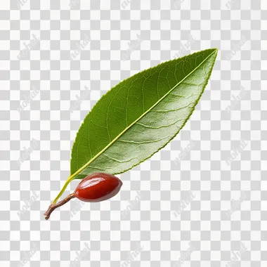 A realistic advertising photograph of a jujube leaf and Green tea leaf, side view, isolated white background, creating a luxurious atmosphere.