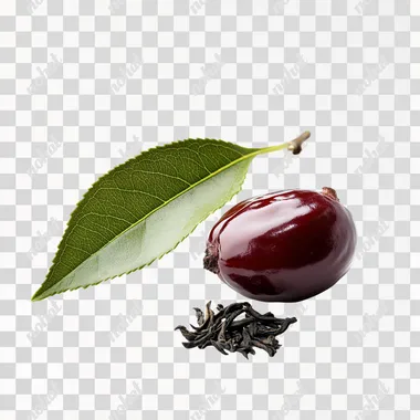 A realistic advertising photograph of a jujube leaf and Green tea leaf, side view, isolated white background, creating a luxurious atmosphere.