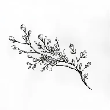 A black and white line drawing of a delicate Fae hairpin, shaped like a small, intricate branch adorned with tiny crystal flowers and leaves. The style should be detailed yet clean, with soft lines to emphasize the fragility and beauty of the hairpin, reflecting the emotions tied to the character's decision.