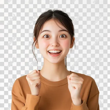young japanese women with enthusiasm, announce gesture, casual outfit, in simple background