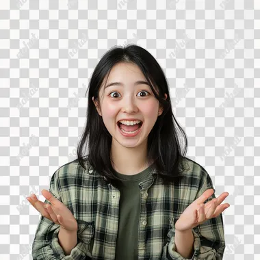 young japanese women with enthusiasm, announce gesture, casual outfit, in simple background
