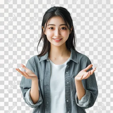 young japanese women with enthusiasm, announce gesture, casual outfit, in simple background