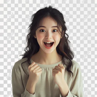 young japanese women with enthusiasm, announce gesture, casual outfit, in simple background