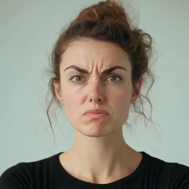 Annoyed woman in urban setting looking into the camera with concern