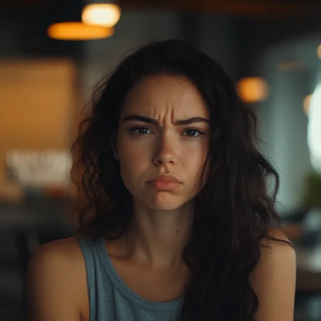 Annoyed woman in urban setting looking into the camera with concern