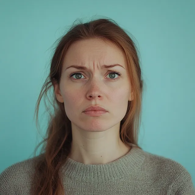 Woman in urban setting with concerned expression looking at camera