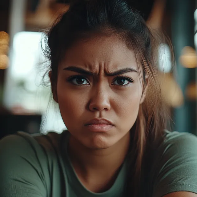 Woman in urban setting looking annoyed while staring into the camera