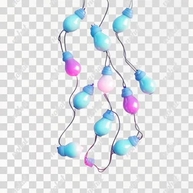 3d plastic style christmas electric light garland horizontal composition, cartoon style, cute, white background, turquoise, pink and purple colors, isometric, C4D, blender, 3d plastic style
