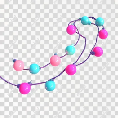 3d plastic style christmas electric light garland horizontal composition, cartoon style, cute, white background, turquoise, pink and purple colors, isometric, C4D, blender, 3d plastic style