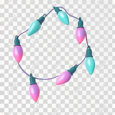 3d plastic style christmas electric light garland horizontal composition, cartoon style, cute, white background, turquoise, pink and purple colors, isometric, C4D, blender, 3d plastic style