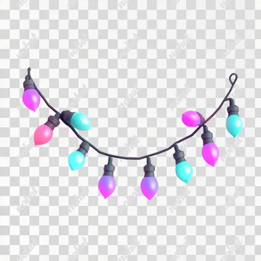3d plastic style christmas electric light garland horizontal composition, cartoon style, cute, white background, turquoise, pink and purple colors, isometric, C4D, blender, 3d plastic style
