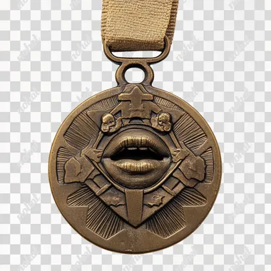 military medal with mouth speaking truth motif on white background