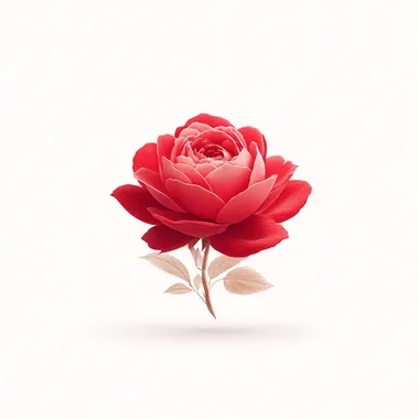 Flat watercolor illustration of a single red rose in full bloom, velvety crimson and burgundy petals, viewed from a slightly frontal angle, no stem, minimal green leaves, soft pastel tones, perfectly centered, isolated on a plain white background, no texture, no paint splatter, no paper grain, clean edges, suitable for wedding invitations, clipart style  top-down view, perspective, extra elements  --raw  --s 750  o2rc5hm