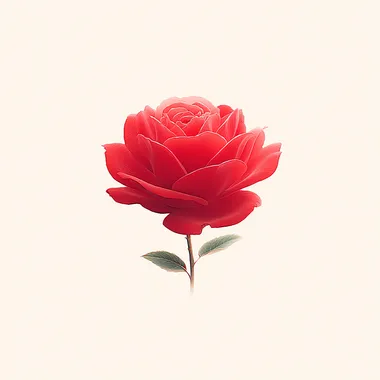 Flat watercolor illustration of a single red rose in full bloom, velvety crimson and burgundy petals, viewed from a slightly frontal angle, no stem, minimal green leaves, soft pastel tones, perfectly centered, isolated on a plain white background, no texture, no paint splatter, no paper grain, clean edges, suitable for wedding invitations, clipart style  top-down view, perspective, extra elements  --raw  --s 750  o2rc5hm