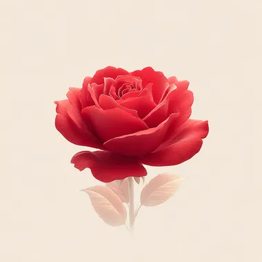 Flat watercolor illustration of a single red rose in full bloom, velvety crimson and burgundy petals, viewed from a slightly frontal angle, no stem, minimal green leaves, soft pastel tones, perfectly centered, isolated on a plain white background, no texture, no paint splatter, no paper grain, clean edges, suitable for wedding invitations, clipart style  top-down view, perspective, extra elements  --raw  --s 750  o2rc5hm